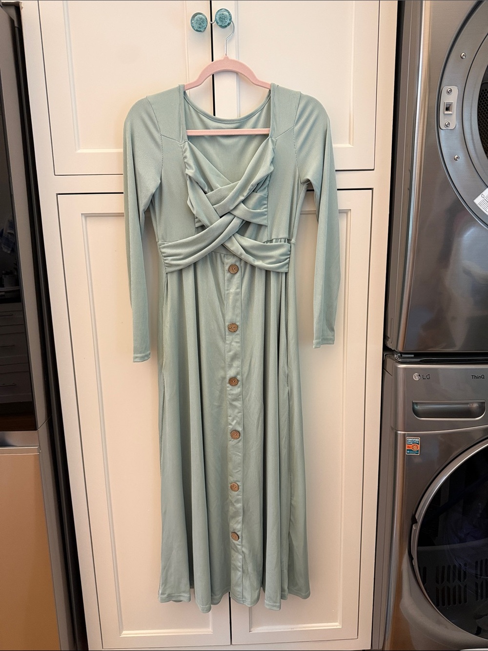 Sage Green Long Sleeve Button-Front Maxi Dress with Twist Bodice